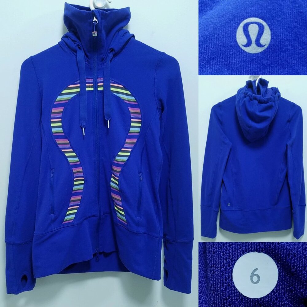 Lululemon In Stride Hoodie 6 Small Blue Striped Thumbholes Sweater Zipper Double